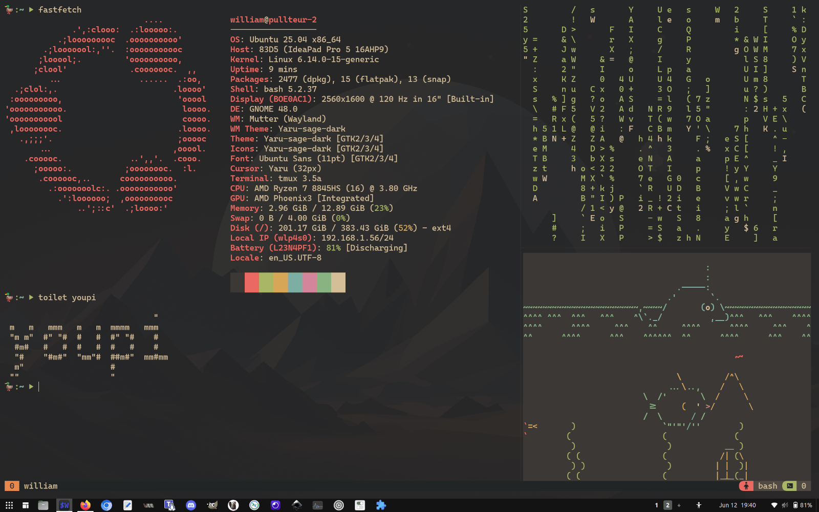 l'écran complet de mon ordi avec un terminal plein écran montrant fastfetch, cmatrix et un aquarium ASCII