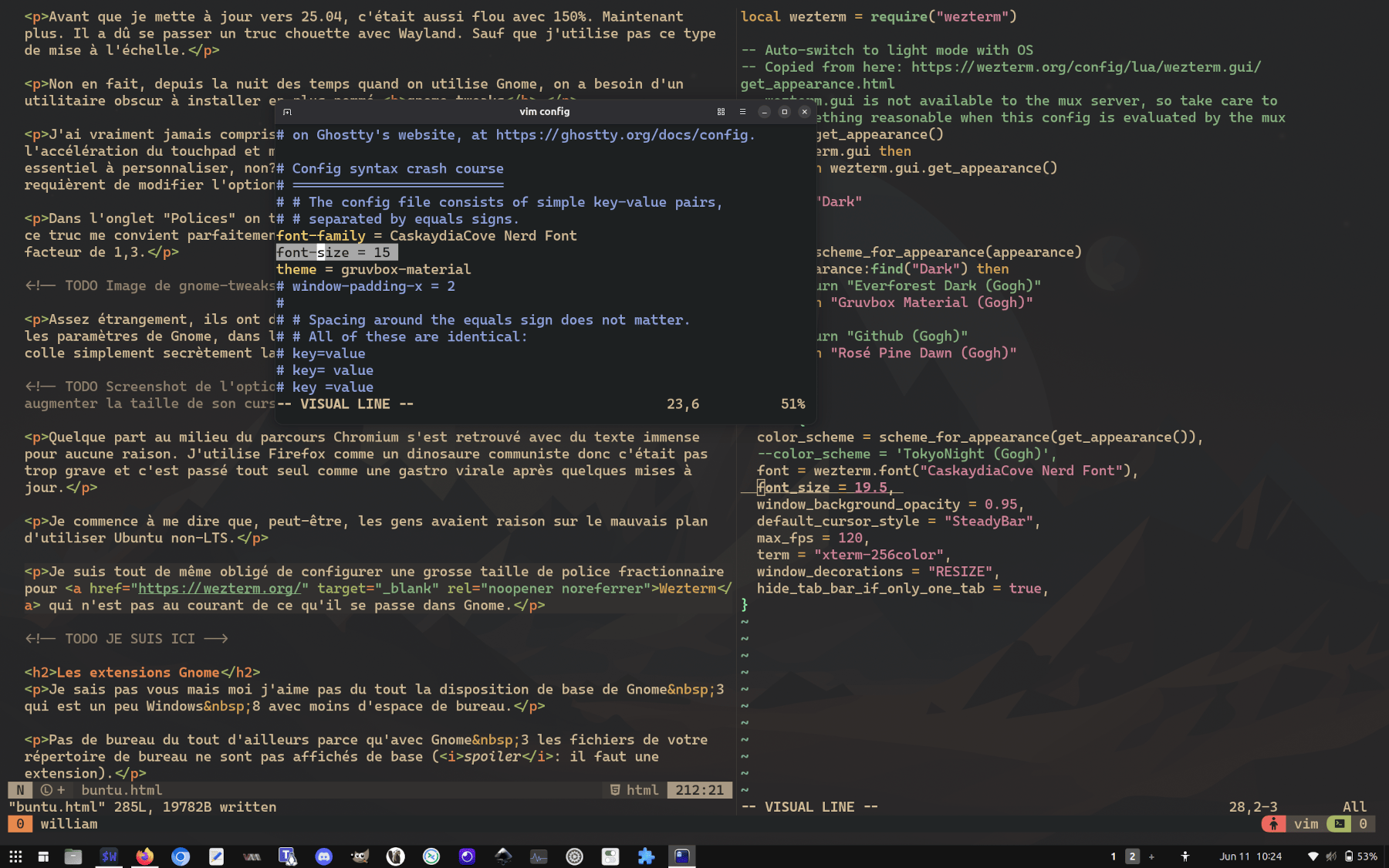 WezTerm dans le fond avec un éditeur montrant une taille de police de 19.5 mais la police a la même taille que celle de Ghostty qui flotte en avant plan et a une taille de 15
