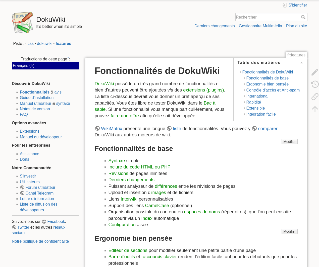 le site principal de DokuWiki, une page sobre en thème clair