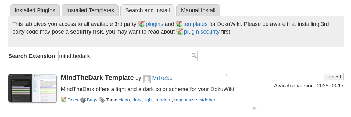 une recherche d'extension qui montre mindthedark avec un bouton installer