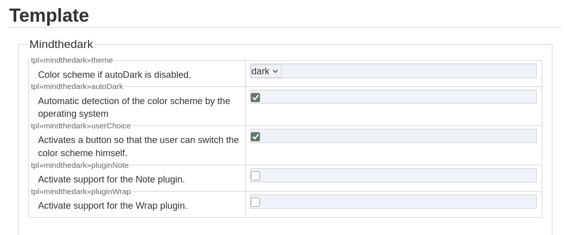 Options spécifiques au template 'mindthedark' dans les options DokuWiki