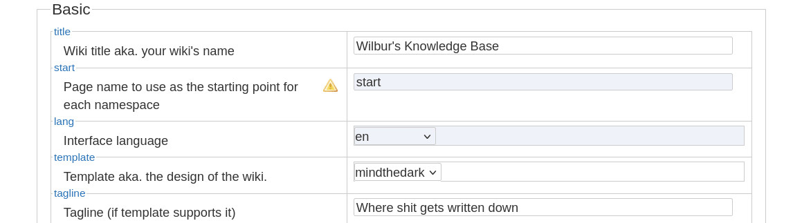 Options de DokuWiki avec 'template' placé sur mindthedark