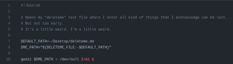 Un script qui ouvre un fichier deleteme.md dans un éditeur de texte, ne fait rien d'autre