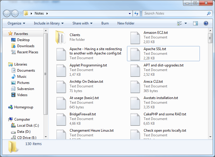 Explorateur de fichier de Windows 7 montrant plusieurs fichiers texte