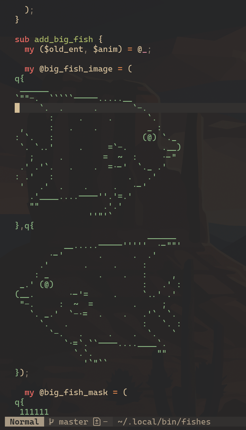 une partie du code Perl de Asciiquarium qui montre des poissons en ASCII