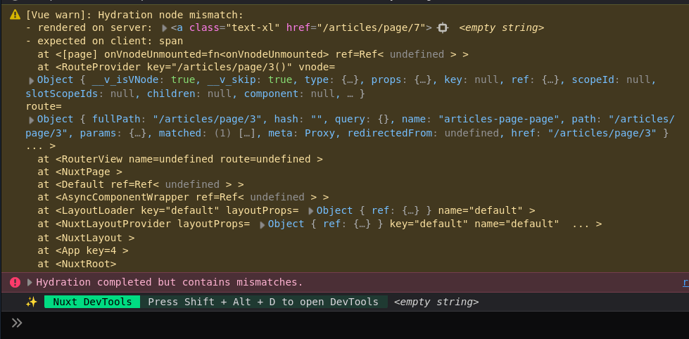 Console de navigateur affichant un 'hydration mismatch'