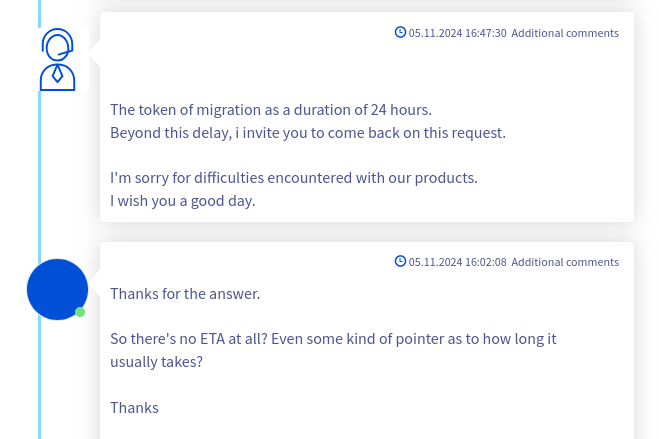 Réponse du support qui indique que la migration peut prendre 24 heures
