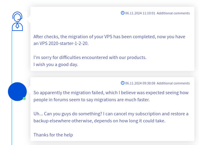 Message du support que la migration est terminée