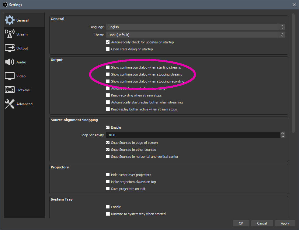 Screenshots of general OBS settings I'm using