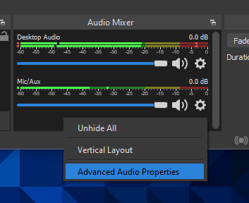 Montre le menu qui affiche les propriétés audio avancées sur OBS
