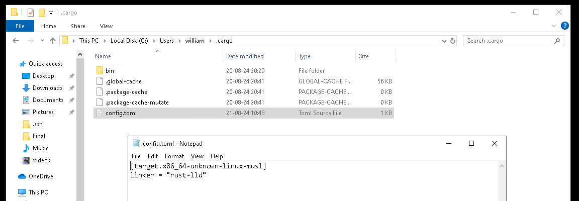 Notepad ouvert avec le texte mentionné plus haut dans le bon répertoire