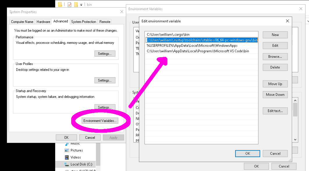 Le bouton Variables d'Environnement en surbrillance avec la fenêtre qu'il ouvre et la nouvelle valeur ajoutée