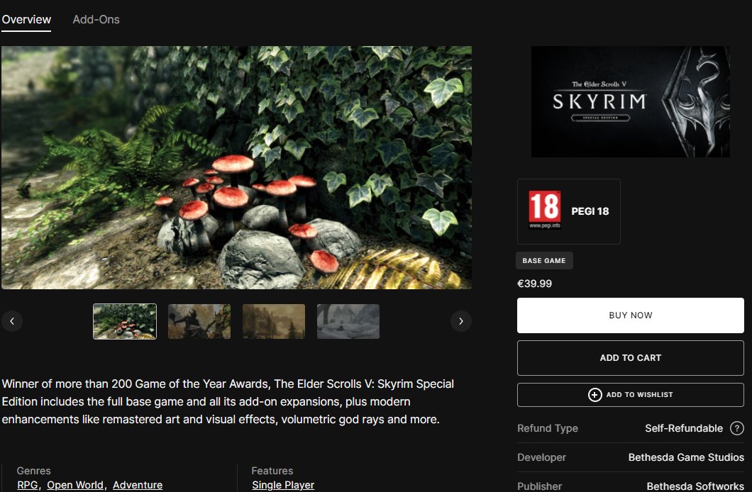 Skyrim Edition spéciale sur Epic Games Launcher