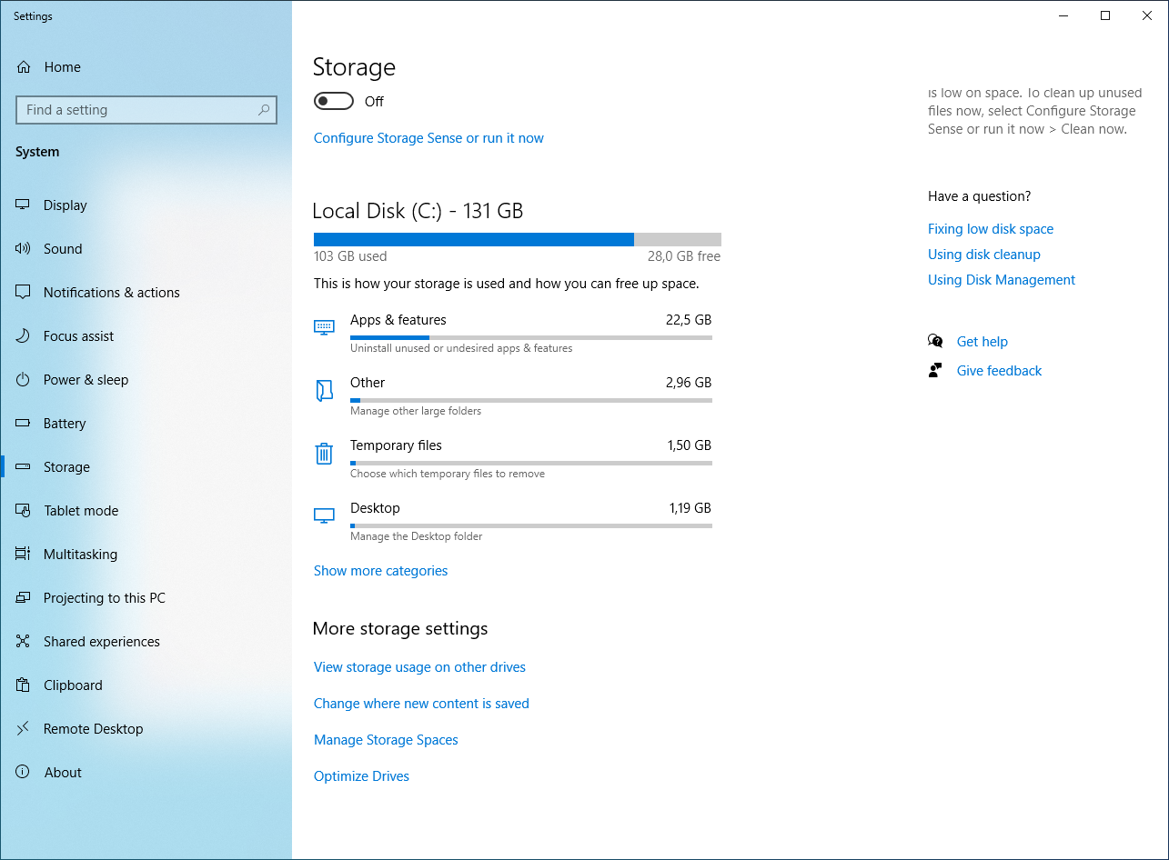 Ecran options de stockage Windows