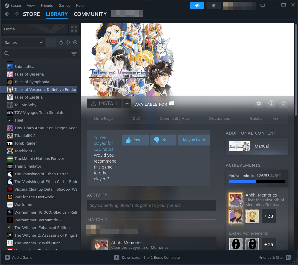 Ecran de Steam sur un jeu, avec le bouton d'installation grisé