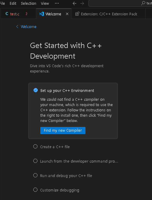 Page qui explique étape par étape comment installer un compilateur C/C++ et l'utiliser (parce que j'ai créé un fichier .c)