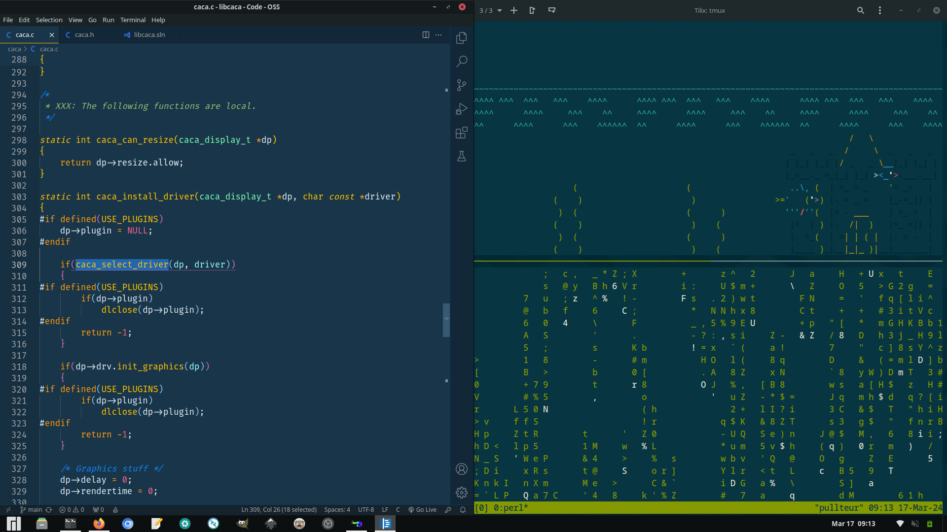 VS Code ouvert à gauche avec un terminal à droite, chacun occupant 50% de l'écran. Le terminal affiche un aquarium et cmatrix