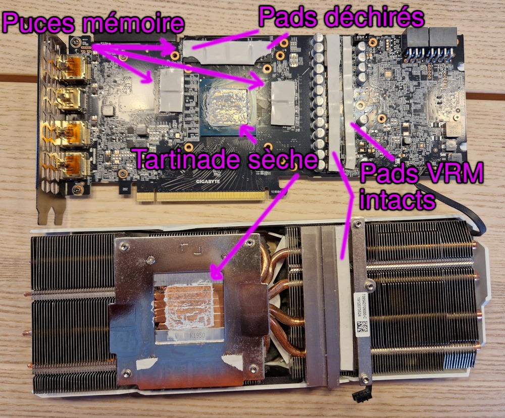 Le circuit imprimé révélé au dessus, le ventirad en dessous