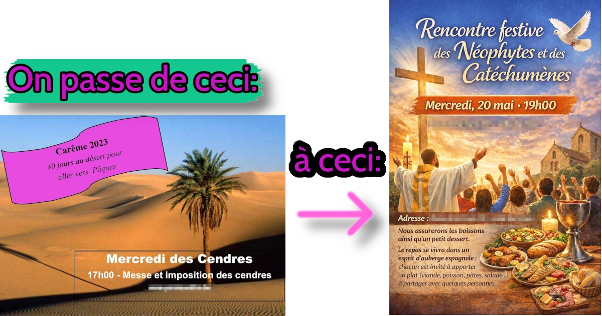 Deux affiches de paroisses côté à côté, une de gout très moyen clairement pas faite par IA, suivi de Jésus de dessin animé de fou avec toutes les caractéristiques habituelles d'affiches IA