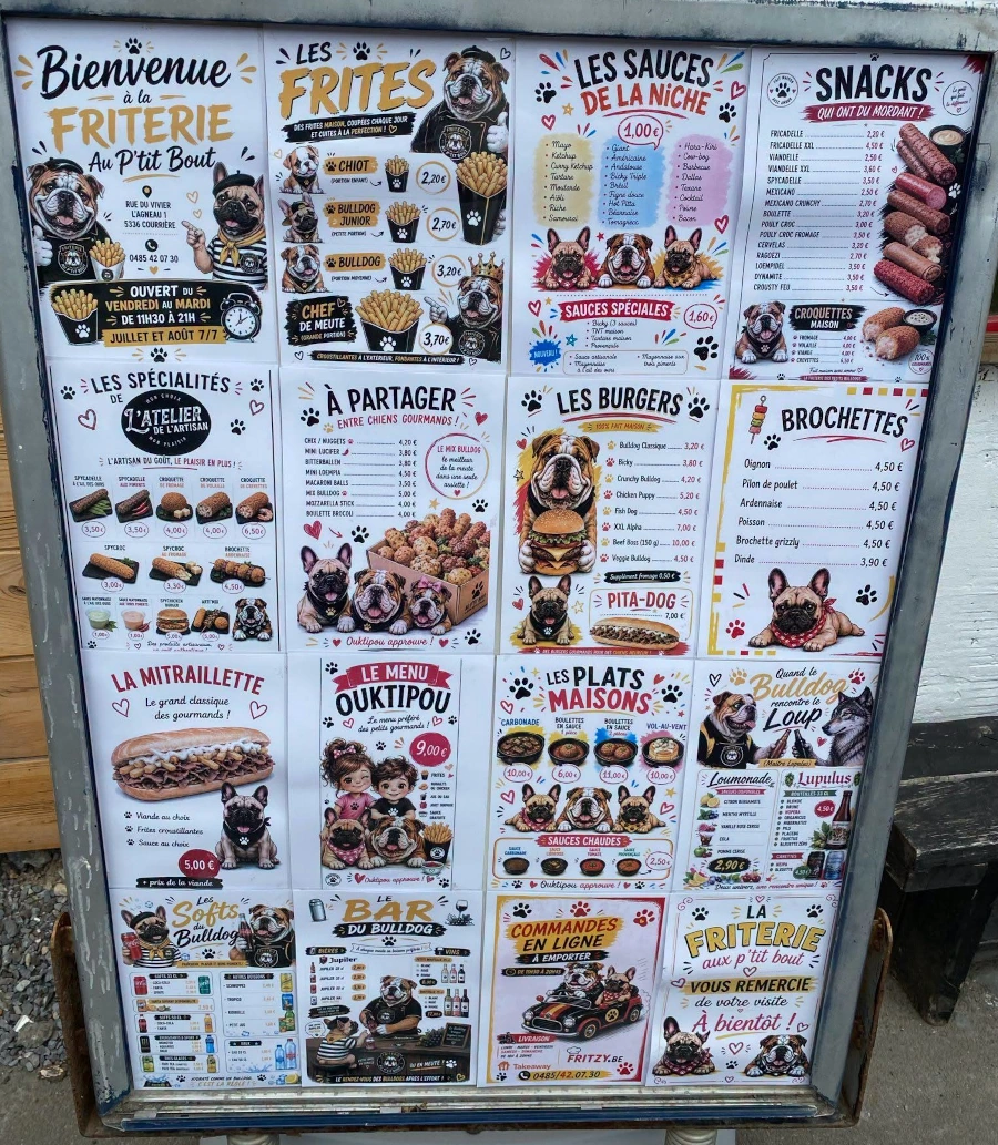 Un gros quadrillages de tout un tas d'affiches IA qui forment le menu d'une friterie affiché sur une pancarte devant le commerce