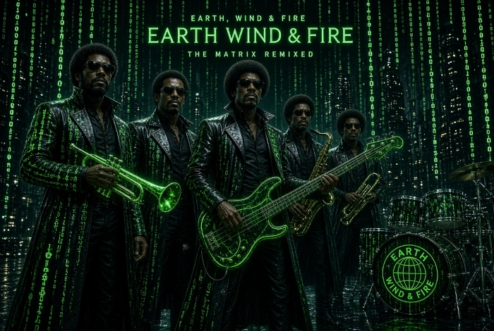 Image générée par IA du groupe Earth Wind And Fire and le thème Matrix; ils ont tous la même tête
