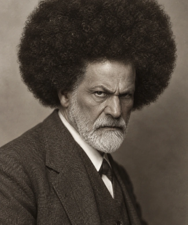 Freud l'air très fâché avec une coupe afro