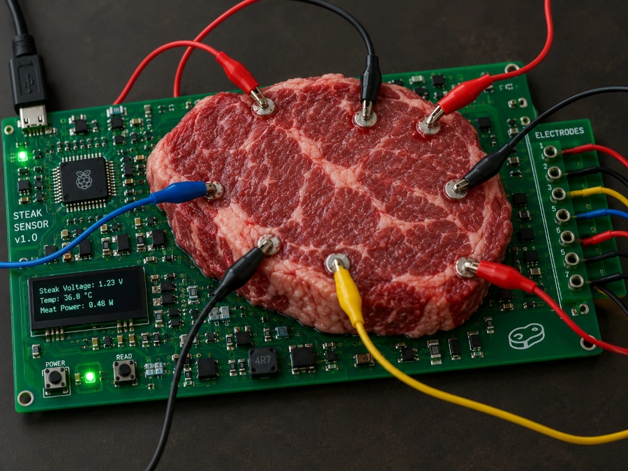 Un steak sur un circuit imprimé, relié par des fils