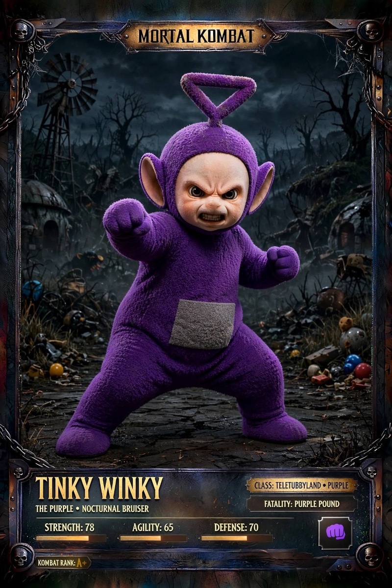 Tinky winky des Teletubbies en personnage de Mortal Kombat