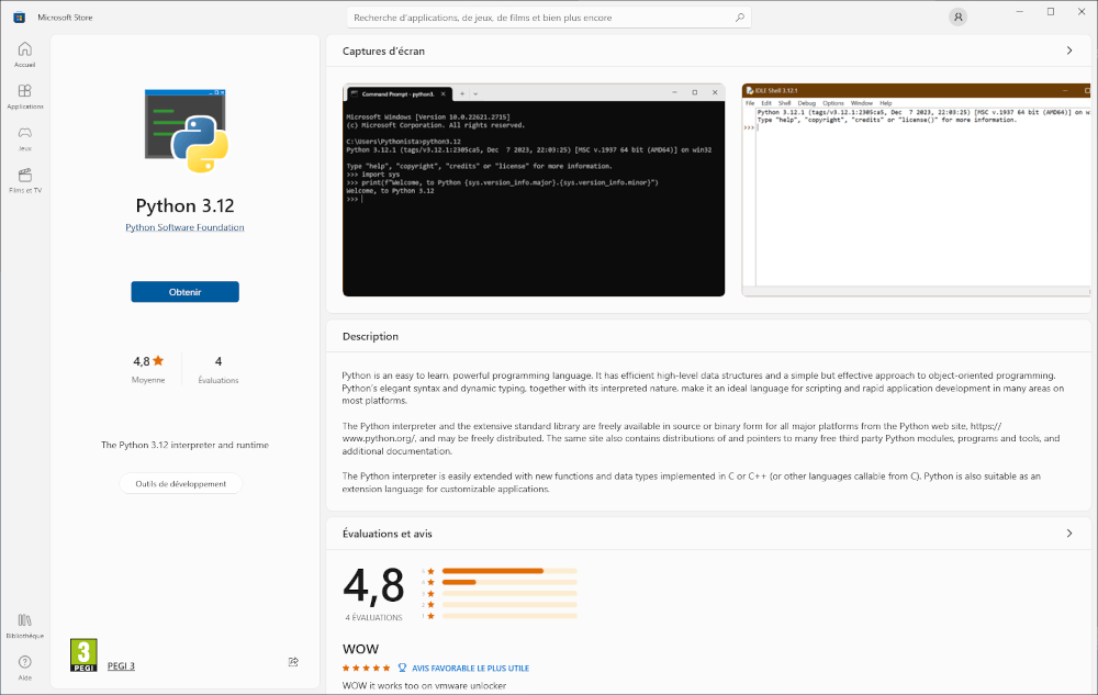 Page du Microsoft Store pour Python 3.12