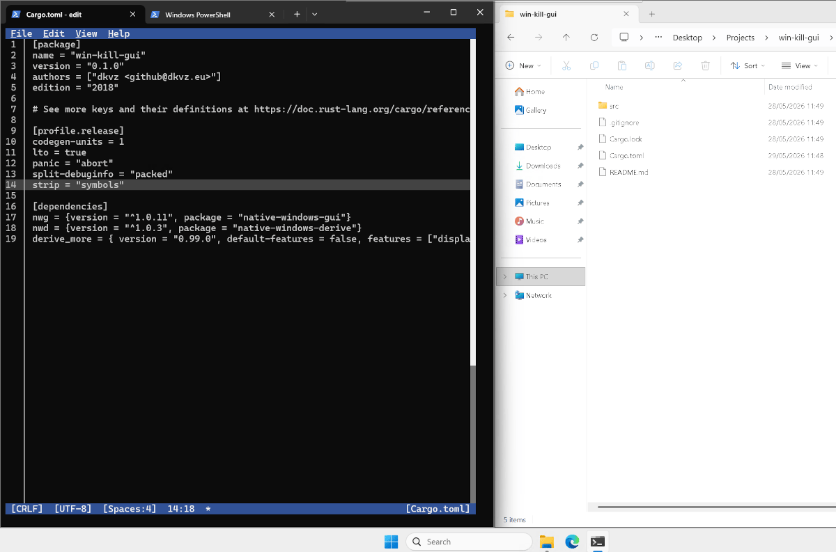 Windows 11 avec Windows Terminal et edit.exe affichant le Cargo.toml d'un projet