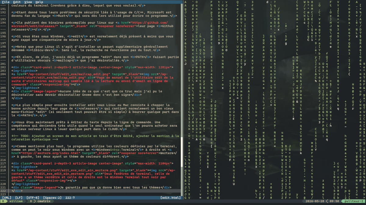 Deux terminaux côté à côté avec edit à gauche et une coloration syntaxique du HTML du texte de ce même article