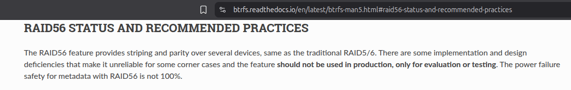 Page de doc de BTRFS qui dit de ne pas utiliser les RAID 5 ou 6 en production