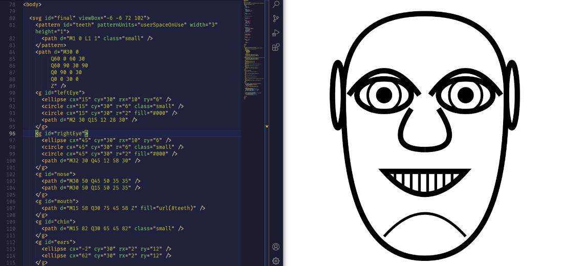 Capture d'écran d'un éditeur de code où je suis en train de dessiner une tête