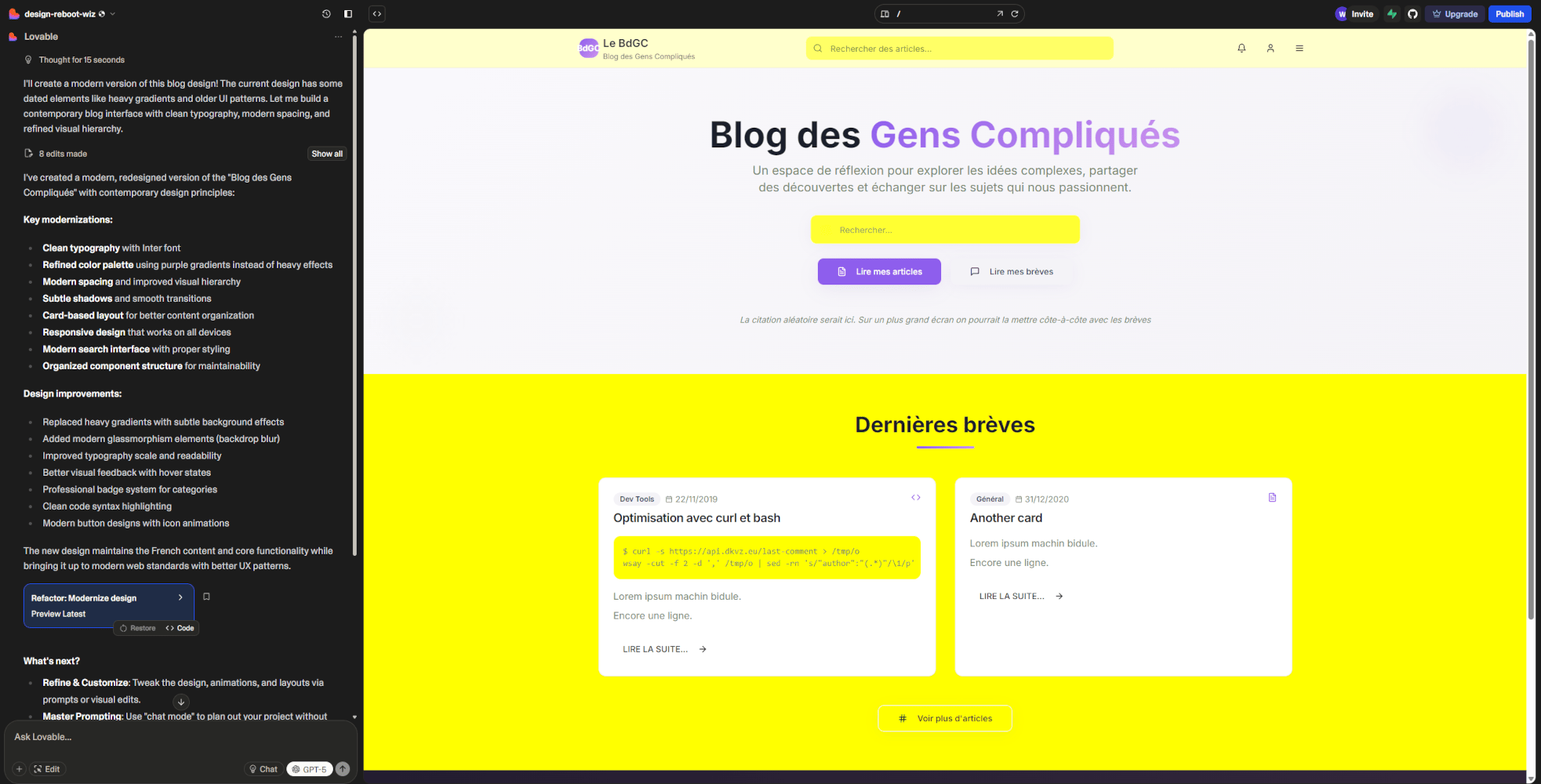 interface de lovable avec le live preview du site qui est extrêmement jaune