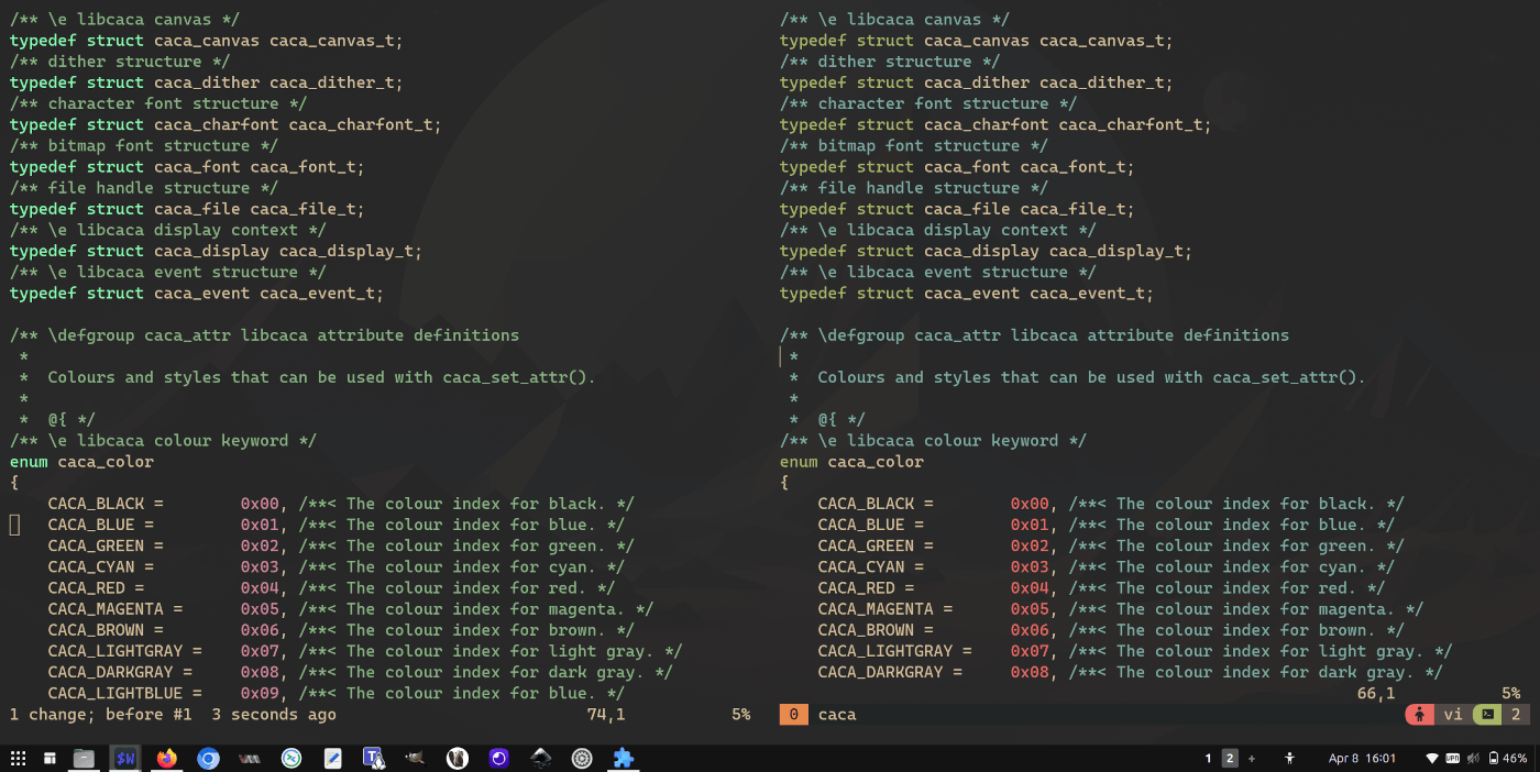 Deux terminaux ouverts, l'un a tmux active l'autre pas, les couleurs dans vim sont différentes