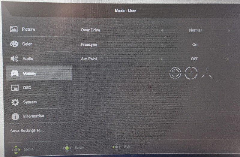 Menu de mon écran Acer qui affiche Freesync sur On