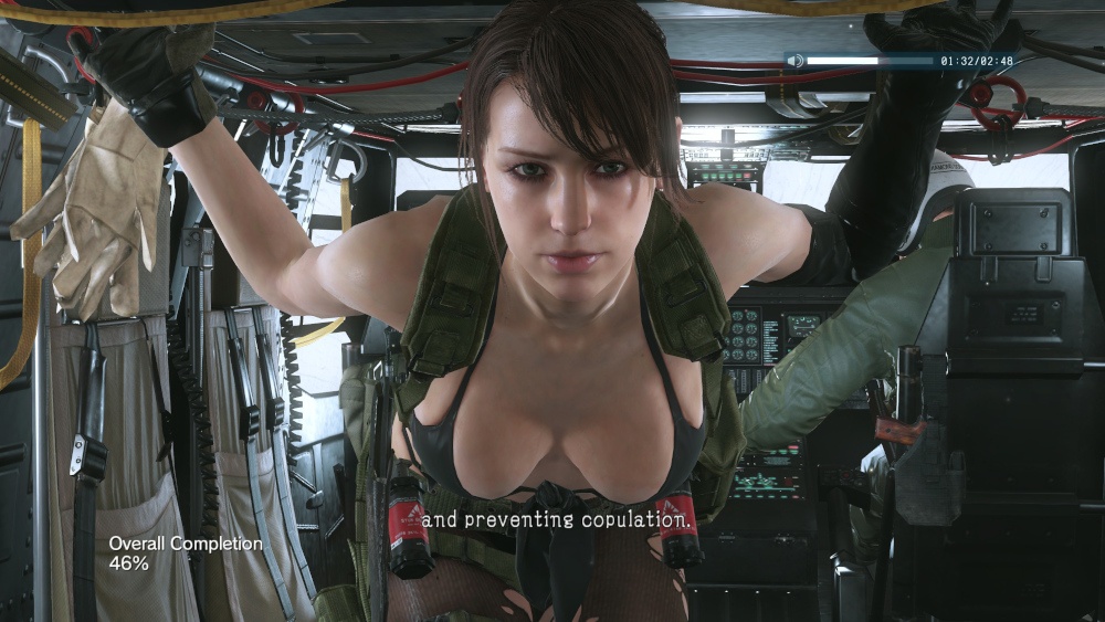 Le personnage Quiet dans Metal Gear Solid: The Phantom Pain avec un décolleté tellement large qu'en fait elle porte pas vraiment de haut