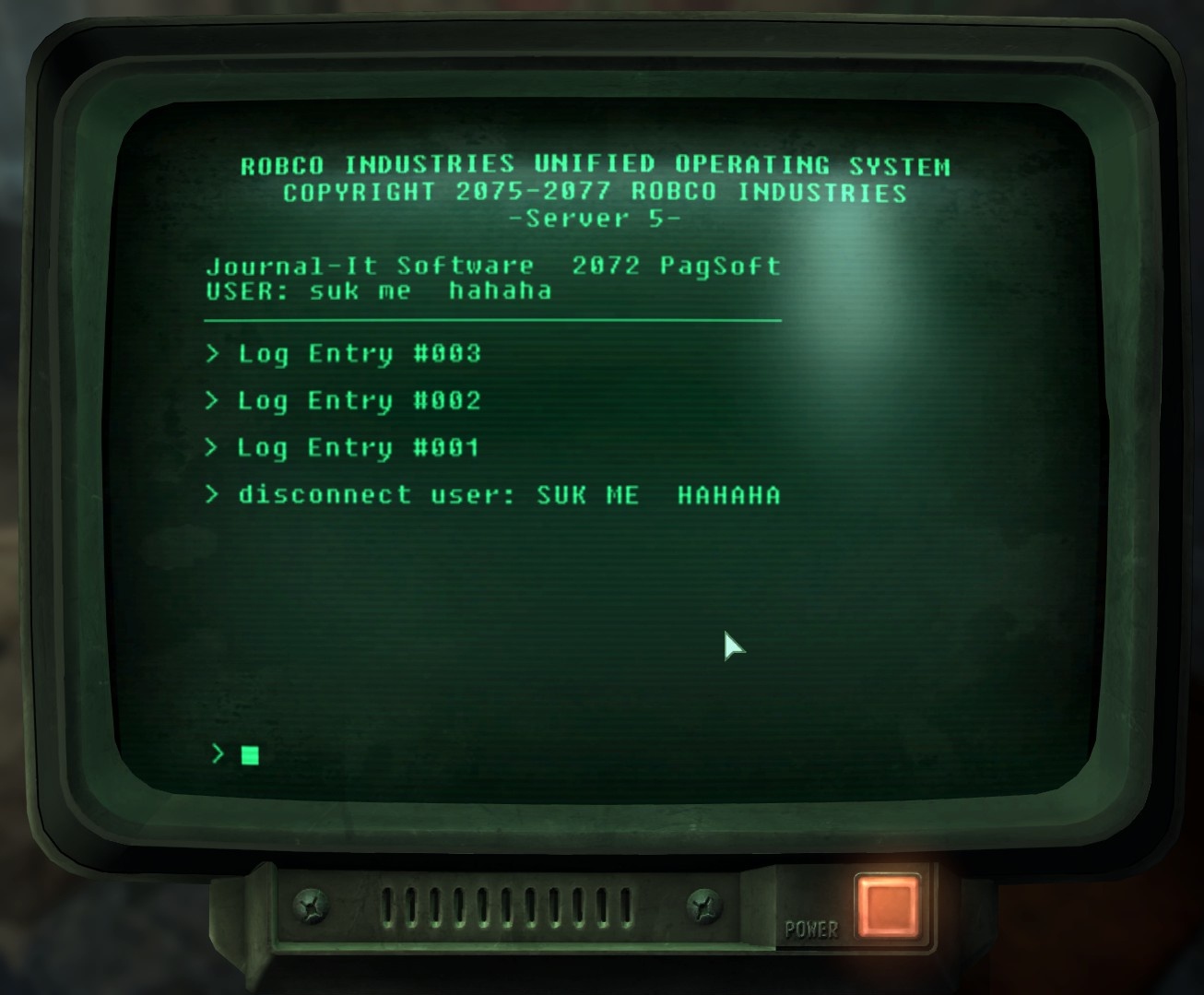 un terminal text noir sur fond vert dans le jeu vidéo Fallout 3