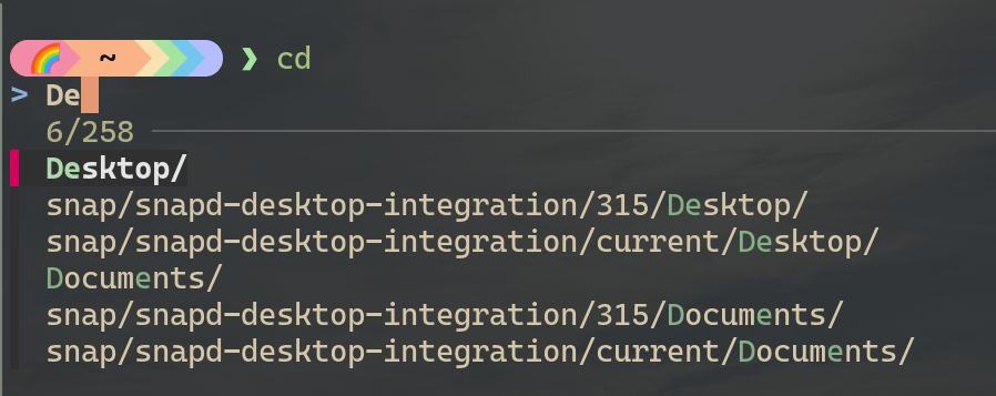 menu de complétion floue de répertoires appelé après avoir tapé 'cd'