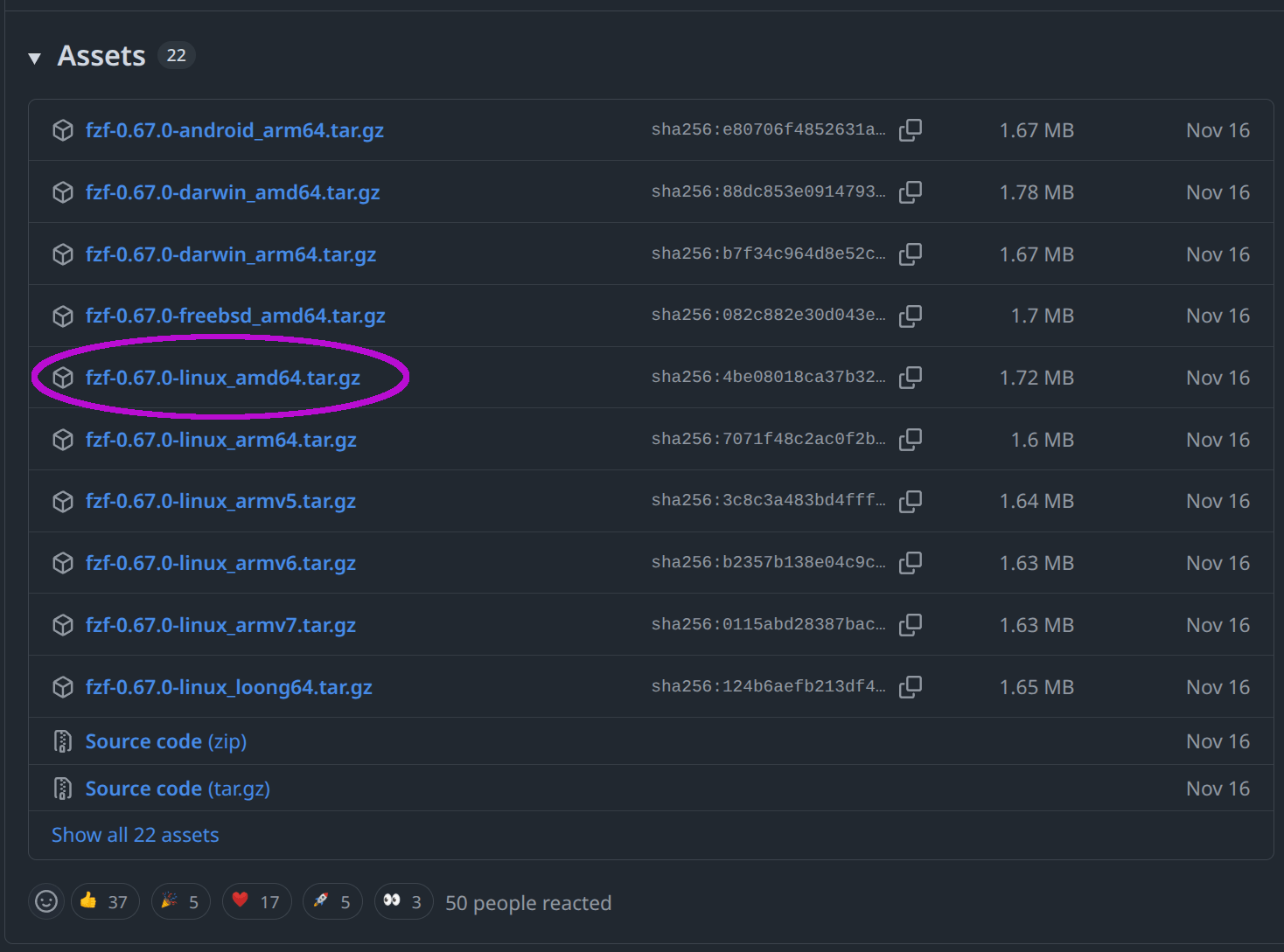 page de releases github pour fzf avec l'archive .tar.gz pour amd64 en surbrillance