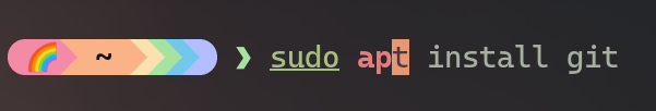 la commande "sudo apt install git" avec le sudo en vert, apt en rouge parce que seul "a" et "p" son tapés, et le reste en grisé suggéré en autosuggestion