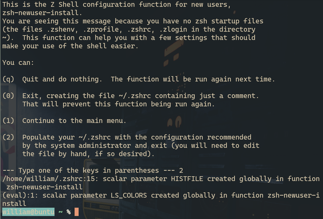 premier lancement de zsh qui propose 4 options, on choisit la deux: "créer la config recommandée par l'administrateur système"