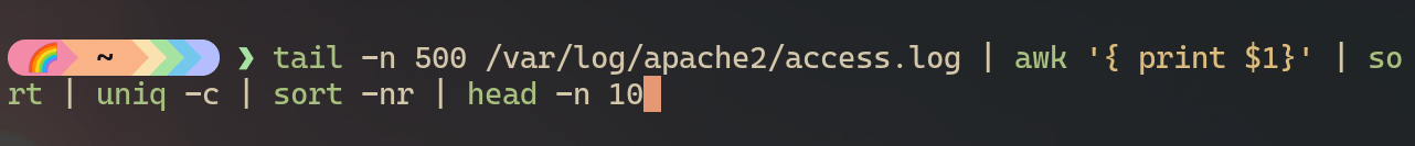 Une longue commande bash avec plusieurs pipes qui montrent toutes les commandes en vert