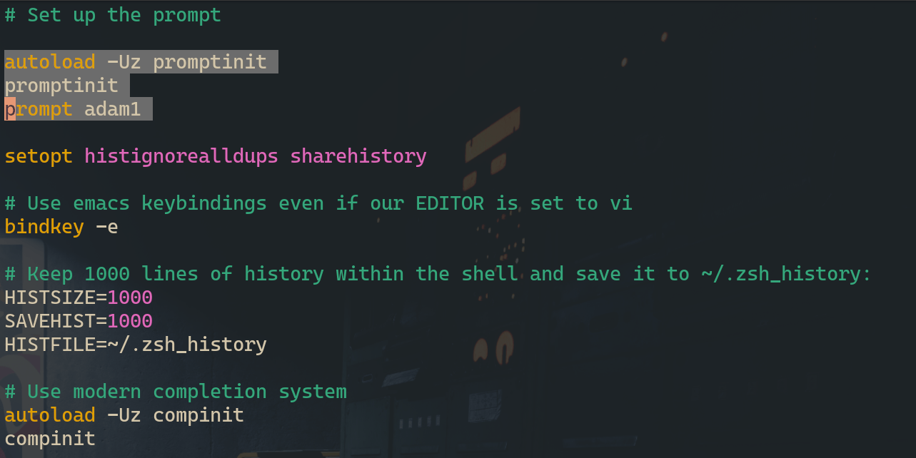 fichier .zshrc avec 3 lignes sélectionnées sous le commentaire "set up the prompt"